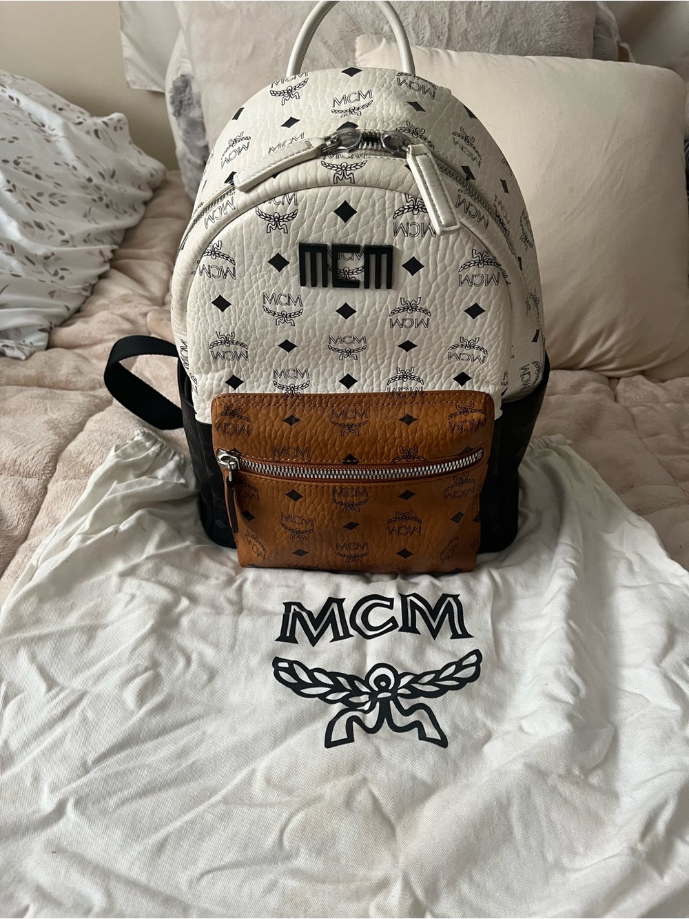 MCM, Stark Tricolor Visetos Canvas backpack small in white, cognac and black